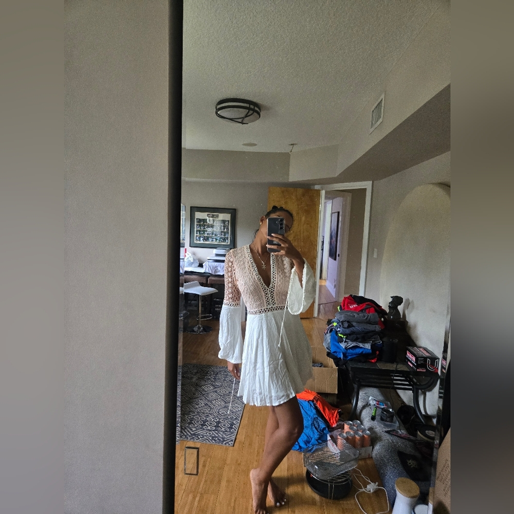 White Lace Bell Sleeve Dress